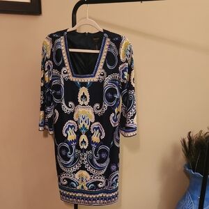 Laundry By Shelli Segal Navy Blue Paisley-Print Square Neck Long Sleeve Dress